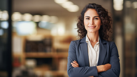 Portrait of a successful business lady in the office with her arms crossed. Concept of a happy, successful woman.の素材