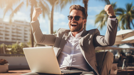 Handsome young businessman is using a laptop and smiling while sitting outdoorsの素材