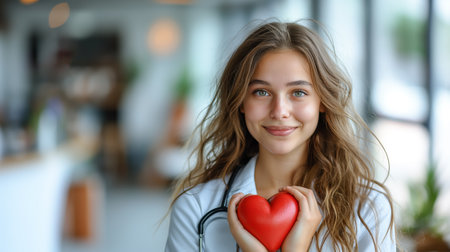 Young beautiful female doctor with a stethoscope holding a heart in her hands. World health, love, health and insurance day concept.の素材