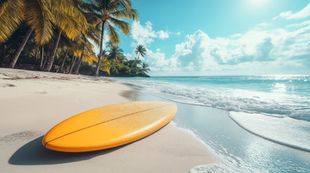 Surfboards against the backdrop of a Hawaiian beach with palm trees and a turquoise ocean.の素材