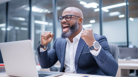 Satisfied businessman in a suit exults in front of a laptop in a modern office. He expresses joy and success by clenching his fists in a victory gesture. Perfect for illustrating business success, achieving goals and corporate triumph.の素材