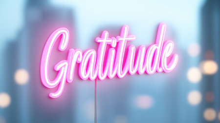 Glowing neon lettering Gratitude. A bright visual accent, a symbol of gratitude and positive attitude. Ideal for motivation and decoration.の素材