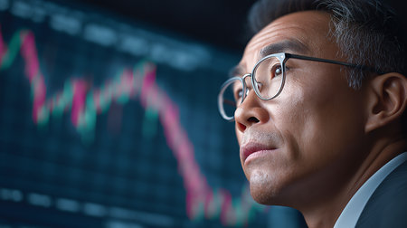 Asian businessman in suit standing in front of large stock chart with rising and falling lines. Concept of trading, investing and working on stock exchange. Bright business background, symbol of success and financial analysis.の素材
