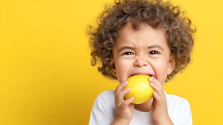 Little curly boy with a lemon in his mouth on a yellow backgroundの素材