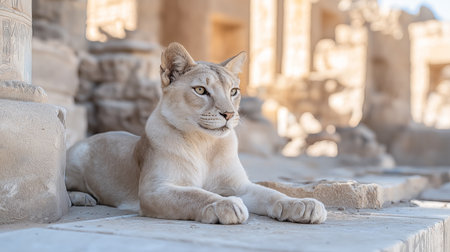 Graceful puma with sandy fur lies on stone slabs among the ruins of an ancient city, carefully observing the world around it.の素材
