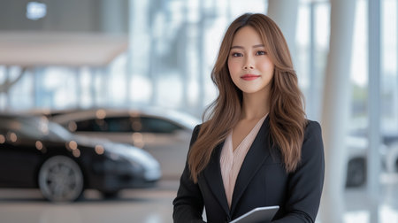 Portrait of Asian confident girl seller standing with tablet in hands in car showroom against background of car. Concept of professionalism, customer service and car sales.の素材