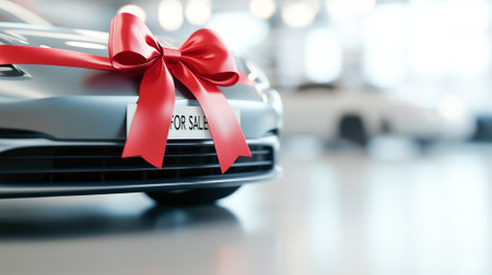 New car in a car showroom with a bright red bow and a "SALE" tag. Advertising car showrooms, seasonal sales, promotions on new cars and favorable offers on loans.の素材
