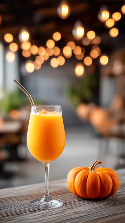 Halloween cocktail with pumpkins and spiders on blurred background at the bar. Copy space.の素材