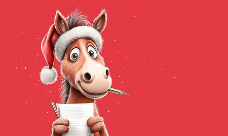 Horse in a red New Year's hat writes a New Year letter to Santa Claus against a red background. New Year card from Copy Space.の素材