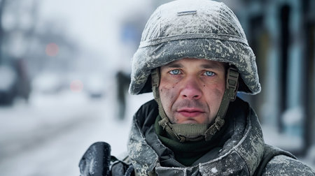 Portrait of a young military man in uniform against a neutral background with copy space. Patriotic and professional military image for banners and materials.の素材