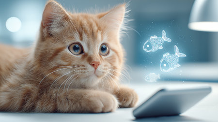 Cute ginger cat looks at fish symbols in the air against a blurred kitchen background. Dream concept about food and pet food.の素材