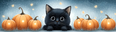 Banner with a black cat and pumpkins against a night sky with stars and butterflies. Atmospheric Halloween background with a mystical mood and copy space for text.の素材