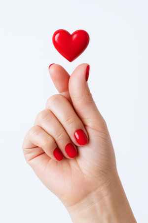 Close-up of a hand making the Korean love sign on a white background. Thumb and index finger are crossed, forming a heart symbol above the fingers.の素材