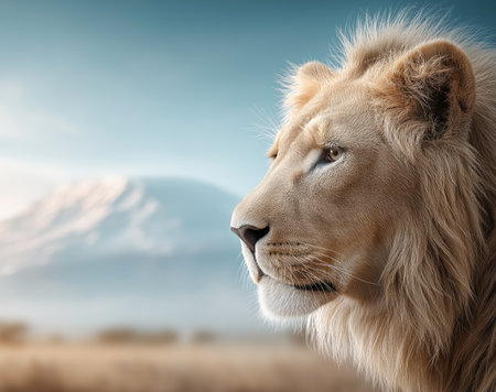 Mighty lion stands against the backdrop of a famous mountain in Kenya. Symbol of strength and wild nature.の素材