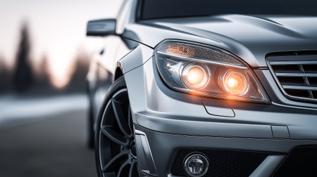 Front view of a luxury car with space for text against the background of lightsの素材