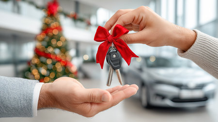 Gift of car keys with a red bow against the backdrop of a festive Christmas tree in a car dealership.の素材