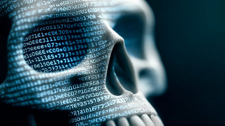 Close-up of skull silhouette with blue code text, concept of virus, hacking and cybercrime.の素材