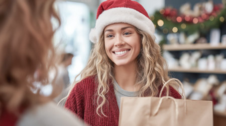Female shop assistant in Santa hat smiles and hands a grocery bag to a customer. Festive mood.の素材