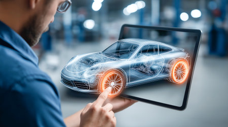 Engineer examines 3D hologram of a car on a tablet in a modern tech workshop.の素材