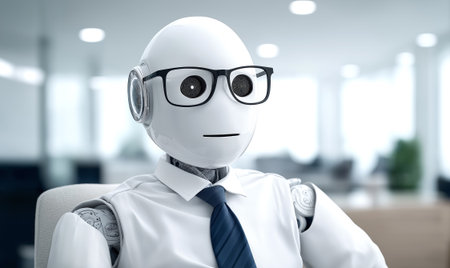 Android robot in a shirt and tie working in a modern office. Concept of the future.の素材