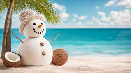 A snowman on a tropical beach with coconuts against a backdrop of sea and palm trees. New Year vacation and travel.の素材
