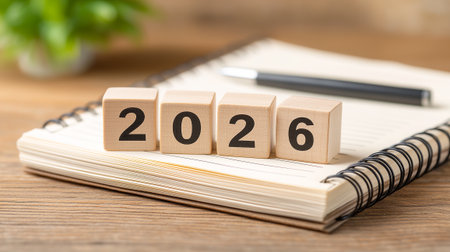 Wooden cubes with numbers 2026 next to a notepad on an office desk.の素材