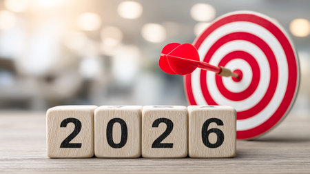Wooden cubes with numbers 2026 next to a target on a wooden table.の素材