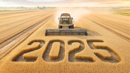 Combine harvester in a wheat field with large 2025 text. Symbol of harvest success and new season.の素材