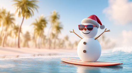 Snowman in a Santa hat rides a SUP board on a tropical beach with palm trees. New Year vacation, holidays.の素材