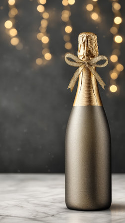 Champagne bottle with a bow on marble, matte black background with blurred garlands and empty space for text, elegant premium composition.の素材