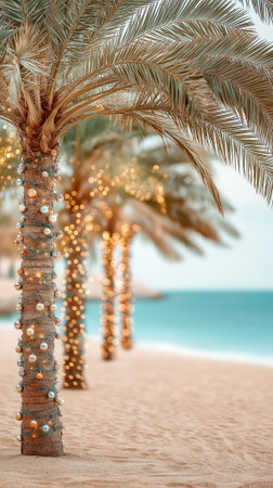 Palm trees decorated with Christmas balls and garlands on sandy beach. Concept of New Year holidays and travel vacationの素材