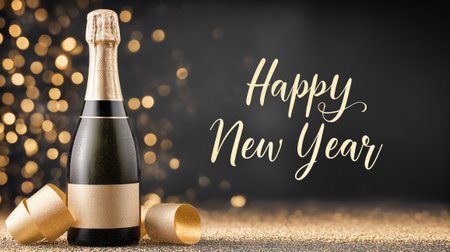 Champagne bottle, matte black background with blurred garlands and empty space for text, elegant New Year's premium composition.の素材