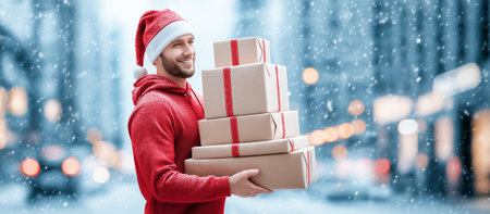 Courier in a red uniform and Santa hat holding a stack of Christmas parcels against a snowy city background with blurred festive lights.の素材