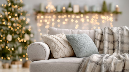 Cozy living room with a Christmas tree, a plaid blanket and garlands on a shelf. Warm, homey Christmas atmosphere.の素材
