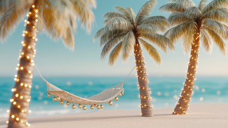 Palm trees on the shore of a tropical beach are decorated with garlands. A hammock is strung between them for rest and relaxation.の素材