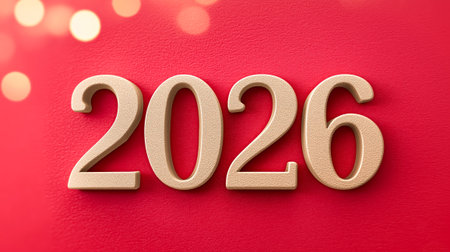 Minimalist red matte background with embossed golden number 2026. Elegant backdrop for corporate New Year branding or festive poster.の素材