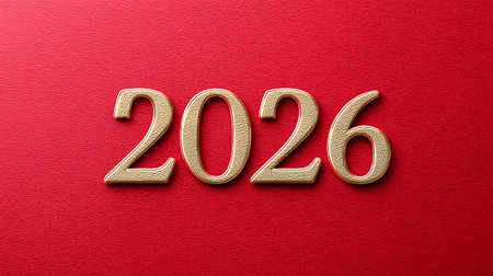 Minimalist red matte background with embossed golden number 2026. Elegant backdrop for corporate New Year branding or festive poster.の素材