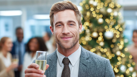 Businessman in a suit holding a glass of champagne stands before a decorated Christmas tree in his office, giving a festive toast and greeting.の素材