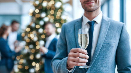 Businessman in a suit holding a glass of champagne stands before a decorated Christmas tree in his office, giving a festive toast and greeting.の素材