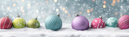 Photorealistic close-up of colorful Christmas decorations balls, stars, and bells on a soft snowy background with shimmering festive lights.の素材