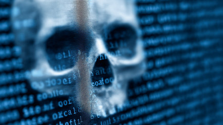 Close-up of a skull silhouette filled with glowing blue code, symbolizing cybercrime, hacking, and digital viruses.の素材