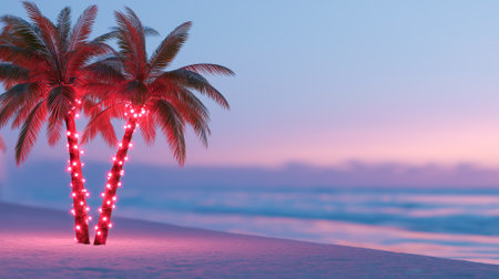 Palm trees decorated with Christmas lights and ornaments on a sandy beach by the turquoise ocean. Holiday vacation concept, copy space.の素材