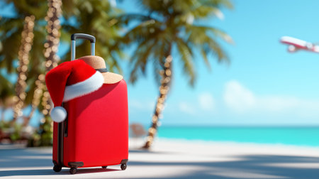 Suitcase with a Santa hat on a sandy tropical beach, against the backdrop of the sea, palm trees and an airplane. New Year vacation and travel concept, copy space.の素材