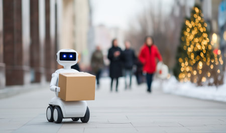 Small white robot delivering a parcel along a modern city street. Concept of automation and innovation in logistics, copy space.の素材