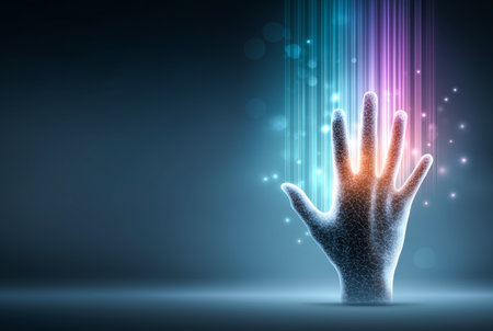 Hand with digital elements creates an abstract glow that reflects the energy of innovation and technology.の素材
