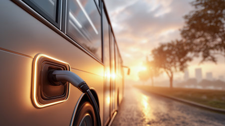 Close-up of an eco bus charging at a power station. Concept of sustainable transport and clean energy.の素材