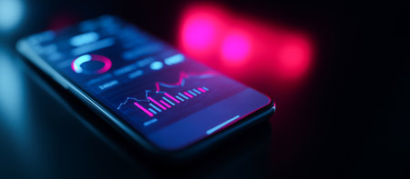 Smartphone with a stock market chart on the screen, symbolizing investments and digital finance.の素材