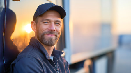 Portrait of a bearded male truck driver in a cap against the background of a truck with space for text.の素材