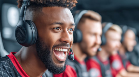 Close-up of an esports player wearing headphones and headset. Emotions during a gaming tournament, team competition and focus.の素材