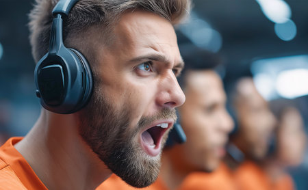 Close-up of an esports player wearing headphones and headset. Emotions during a gaming tournament, team competition and focus.の素材
